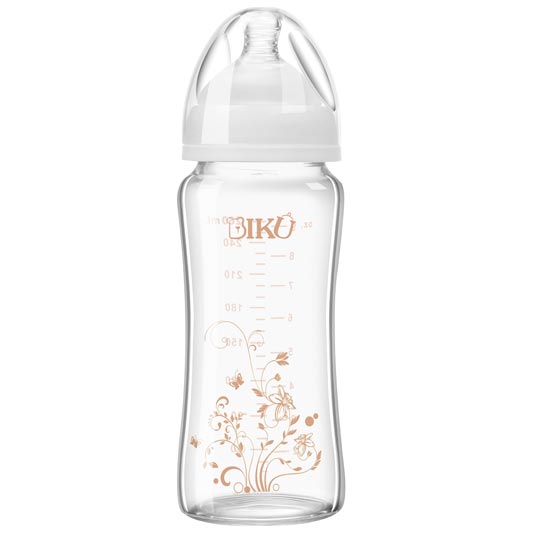 比酷熊嬰幼兒無(wú)手柄玻璃奶瓶白色300ML